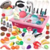 CUTE STONE Color Changing Play Kitchen Sink Toys with Upgraded Real Faucet, Kids Cooking Set with Play Food, Play Pots and Pans, Kids Kitchen Playset, Play Kitchen Toys for Girls Boys(White)