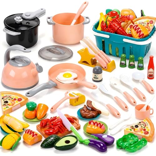 CUTE STONE Kids Kitchen Playset, 45PCS Pretend Cooking Toy Set with Play Pots & Pans, Pressure Cooker, Play Food, Cooking Utensils & Shopping Basket, Toy Kitchen Accessories Gift for Boys Girls