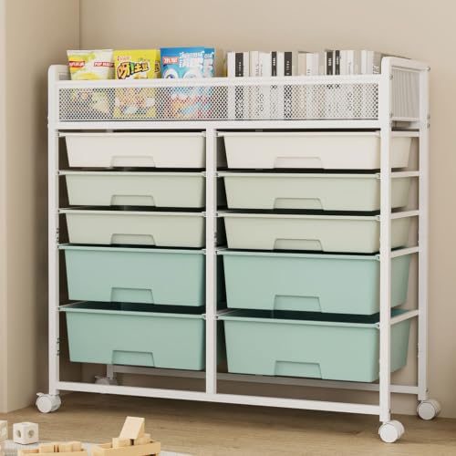 CWKISS 10 Drawer Rolling Storage Cart with Wheels, Mobile Utility Cart with Large Top Basket, Metal Storage Organizer for Classroom, Craft Room, Office, Bathroom, Kitchen & Bedroom, White