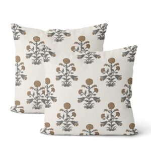 CXMEIFLY Brown Grey Vintage Pillow Covers 20 x 20 Inch Set of 2 Boho Brown Gray Floral Outdoor Decor Throw Pillows Neutral Block Print Flower Linen Farmhouse Decorative Pillowcases for Couch Bed Sofa