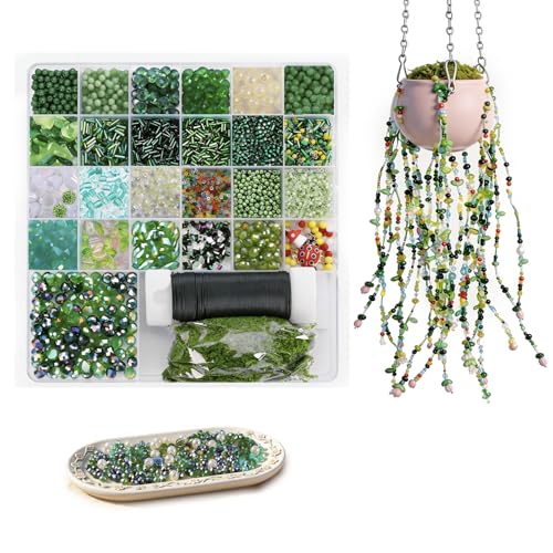 Cxomnndiw DIY Beaded Plant & Bracelet Making Kit, Assorted Beads, Green Glass Flower & Leaf Styles with 2 Types of Beading Wires