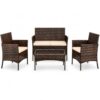cysyd 4-Piece Outdoor Rattan Sofa Set - Brown Gradient PE Wicker Patio Furniture with 2 Armchairs, Loveseat, White Cushions and 5 mm Tempered Glass Coffee Table for Porch and Garden