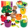 CYYSFIVQZ Play Food Set for Kids, Toddler Learning Toys with Cutting Food Toy, Color Sorting Buckets &Felt Tree Mat, Pretend Food Play Kitchen Accessories for Kids, Preschool Activities for 3-8