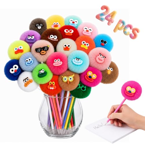 CZWZ 24 PCs Pom Pom Pens — Fluffy Fuzzy Plush Pens Cute Kawaii Novelty Fun Pen for Kids Adults Novelty School Stationery Set Classroom Prizes Party Favors for Girls and Boys Office Supplies Gifts
