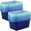 Dandat 16 Pcs Plastic Book Bins for Classroom Library Cubby Bins Scoop Front Stackable Toy Storage Tubs Containers for School Office Home Nursery Playroom Organization (Blue Series)