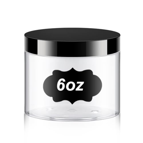 Dandat 1 Pcs Plastic Jar Container with Lid and Label Refillable Empty Round PET Cosmetic Sample Slime Container for Lotion, Cream, Ointment, Body Butter, Makeup (6 oz, Clear with Black Lid)