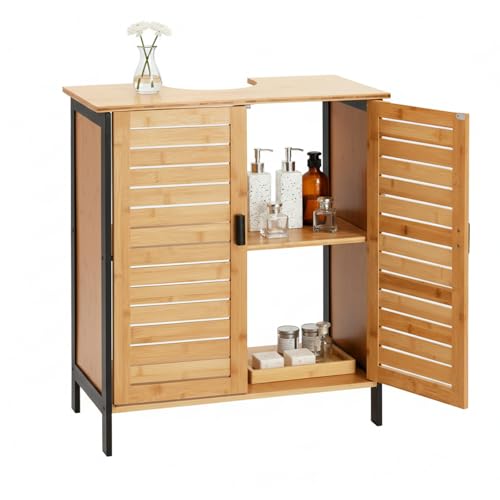 Danrelax 24" Bamboo Under Sink Storage Cabinet, Freestanding Pedestal Sink Organizer with Sliding Slatted Doors and Shelf, Bathroom Vanity Cabinet with U-Shaped Top Cutout, Not for Floor Drain