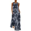 Dark Blue Floral Womens Sleeveless Maxi Dress Ankle Length Long Summer Dresses Casual Flowy A Line Dress Notch Neck Vacation Resort Wear Stretch,5X-Large