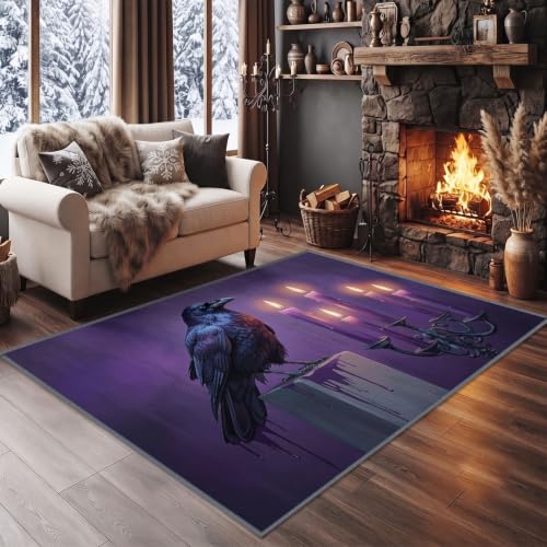 Dark Gothic 4x6 ft Washable Rug for Living Room Bedroom, Animal Raven Stone Pillar Candlestick Area Rug Non-Slip Carpet - Low-Pile Floor Dark Purple Carpet for Dorm Classroom Dining Room Hallway