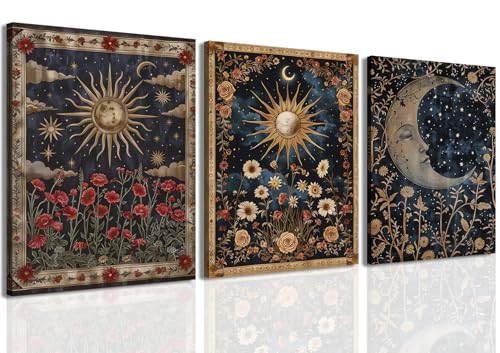 Dark Sun and Moon Celestial Wall Art Spiritual Gothic Tarot Wall Decor Painting Witchy Astrology Mystical Poster Canvas Prints Artwork for Bedroom Living Room 12x16 inch Framed