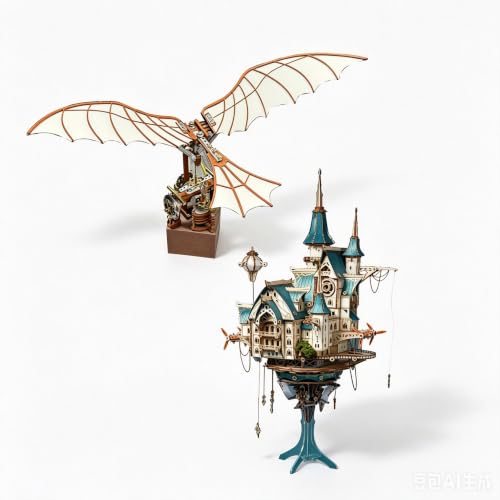 Da Vinci Flapping Wing Mechanical Bird & Steampunk Floating Sky Castle 2-in-1 DIY Model Kit Bundle, Fantasy Adventure Collectible Display Gift for Adult Hobbyists