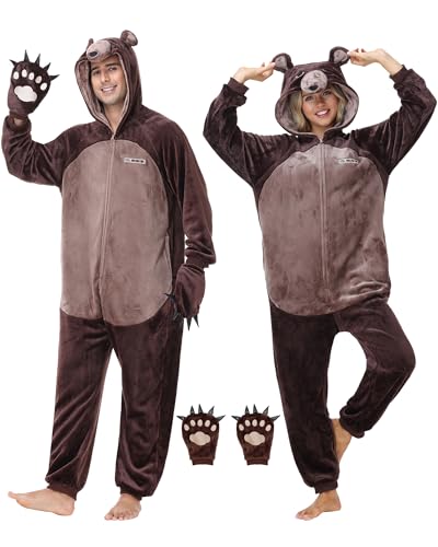 Deaboat Bear Onesie Adult Costume - Plush Unisex Teddy One Piece Pajamas Animal Cosplay Outfit for Halloween Party Sleepwear Brown