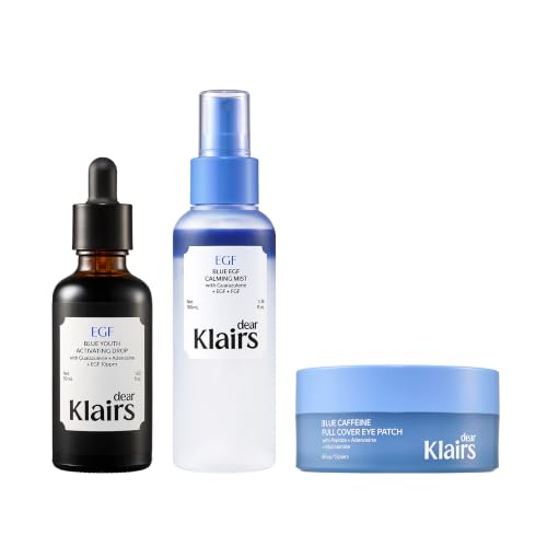 DearKlairs Blue EGF Calming Hydrating Trio - EGF Serum, Cooling Face Mist, 360 Eye Patch Set, EGF & Peptide Resilient Skin-Smoothing Kit for Sensitive Skin