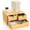 DEAYOU Bamboo Desk Organizer, 100% Natural Bamboo Desktop Drawer Organizer, Tabletop Storage Cabinet Organization Box with 3 Drawers for Home Office Supplies, Makeup, Letter, 2-Layer, Fully Assembled