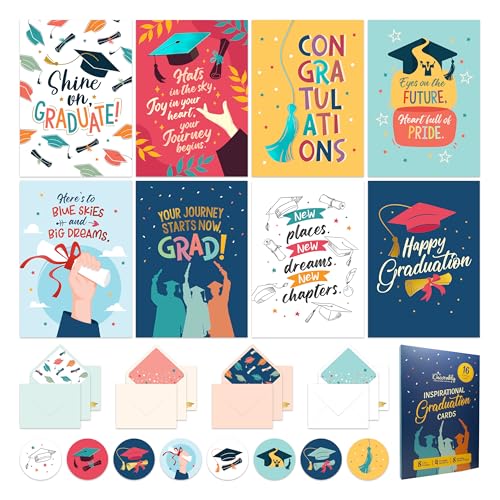 Decorably 16 Pack Foiled 5x7in Inspirational Assorted Graduation Cards with Envelopes & Stickers - 8 Festive Designs for College, Highschool, Her, Him, with Printed Message Inside - Gifting, Mailing
