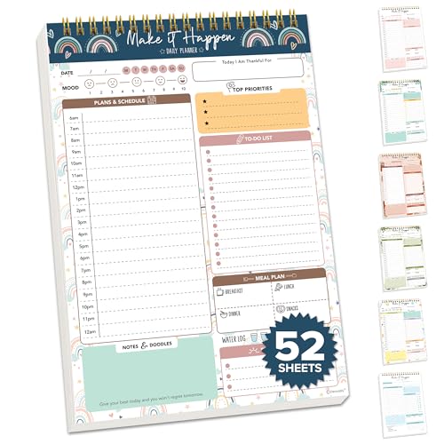 Decorably 52 Sheets Boho Rainbow Undated Daily Notepad - 6.5x10in Spring-Bound Planner, Easy Tear-Off, for Schedule, Priorities, to Dos, Agenda, Water Intake, Meals, Notes & Doodles - Home, Office