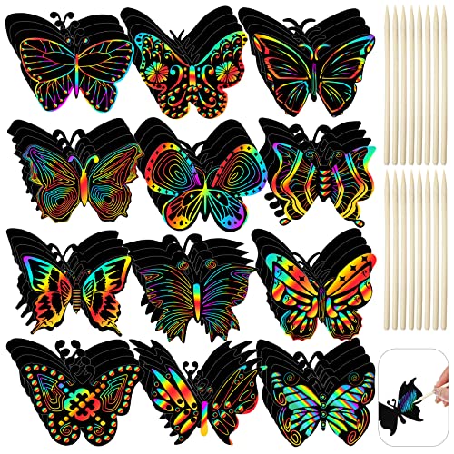 Deekin 72 Pcs Scratch Art Butterfly Kits Bulk for Kids Rainbow Paper Scratch Craft Cards with 36 Bamboo Stylus, 12 Styles DIY Butterfly Art Party Favors for Classroom Birthday Spring Activities