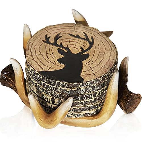 Deer Antlers Coaster Set of 6 – Handcrafted Deer Antler Decor and Man Cave Gifts for Men - 6 Full Size Deer Antlers Coasters for Man Cave Décor