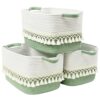 Degeyoyo 2 Pack Storage Basket, Heavy Tassel Woven Baskets for Storage, Boho Cotton Rope Storage Bin, Cube Organizer Bins, Baby Laundry Basket for Clothes, Toys, Diapers, Pets（White & Green）
