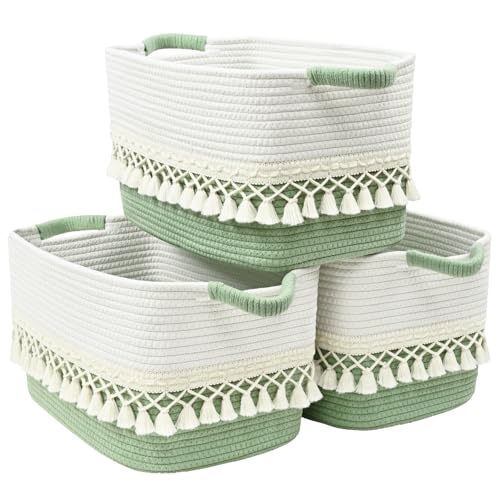Degeyoyo 2 Pack Storage Basket, Heavy Tassel Woven Baskets for Storage, Boho Cotton Rope Storage Bin, Cube Organizer Bins, Baby Laundry Basket for Clothes, Toys, Diapers, Pets(White & Green)