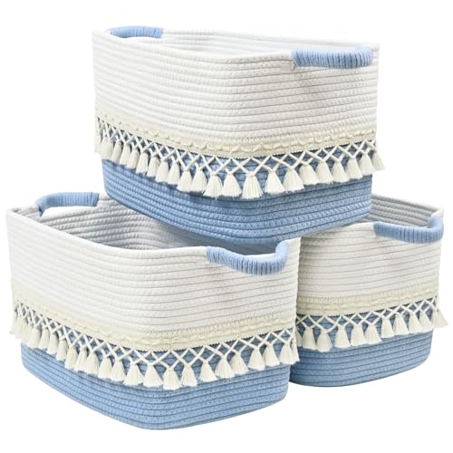 Degeyoyo 2 Pack Storage Basket, Heavy Tassel Woven Baskets for Storage, Boho Cotton Rope Storage Bin, Cube Organizer Bins, Baby Laundry Basket for Clothes, Toys, Diapers, Pets(White & Blue)