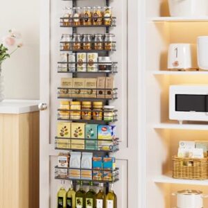 Delamu 9 Tier Over The Door Pantry Organizer, Pantry Organization and Storage, Hanging Spice Rack for Pantry Door Organizer, Metal Pantry Door Shelves for Kitchen Bathroom Laundry Room,15.3" Black
