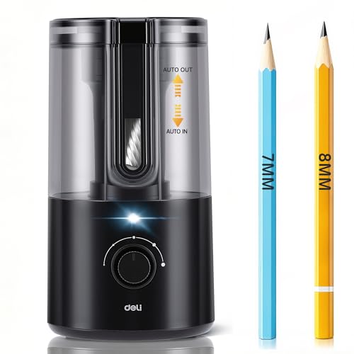 Deli Electric Pencil Sharpener, Fully Automatic Pencil Sharpener for 6.9-8mm No.2 & Colored Pencils, Auto in & Out, Rechargeable Hands-Free Sharpener for Classroom, Home, Office, Black