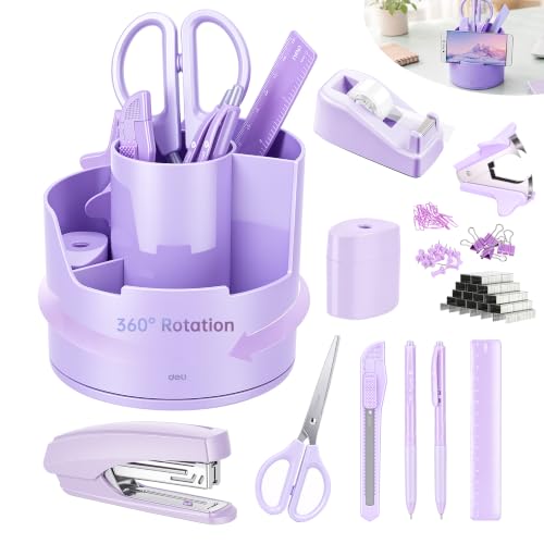 deli Purple Office Supplies, 14 in 1 Desk Accessories Set with 360° Rotary Desk Organizer & Phone Stand, Stapler Pencil Holder for Home, School, Office Supply Kit for Women Students