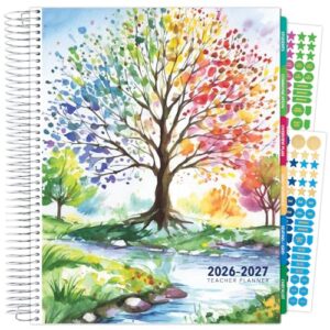 DELUXE TEACHER PLANNER Aug 2026-Jul 2027 8.5x11 Daily Weekly Monthly Organizers with 7 Periods, Pocket Folder, Dated Calendar, Page Tabs, Bookmark and Planning Stickers (Tree Seasons)