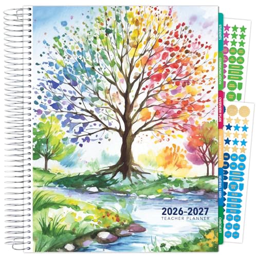 DELUXE TEACHER PLANNER Aug 2026-Jul 2027 8.5x11 Daily Weekly Monthly Organizers with 7 Periods, Pocket Folder, Dated Calendar, Page Tabs, Bookmark and Planning Stickers (Tree Seasons)