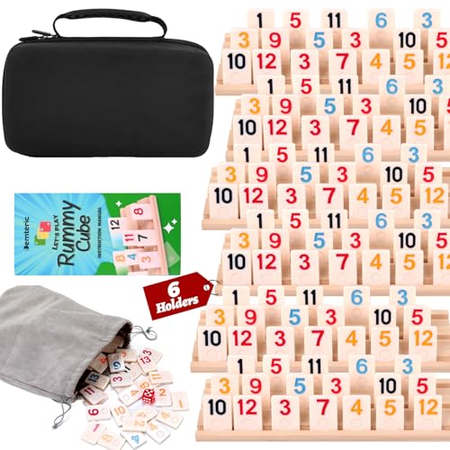 Demteric Rummy Cube Game 6 Players with Portable Travel Case, 162 Melamine Rummy Tiles & 6 Wooden Holders, Classic Family Strategy Board Game for Adults Kids