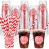 DERTE 50 Pcs She's Ready to Pop Baby Shower Decorations 12 oz Disposable Cups with Straws Cute Soda Cold Beverage Drinking Cups Plastic for Gender Reveal Pregnancy Newborn Birthday Party Supplies