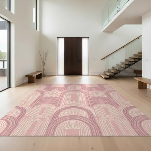 Design&I 8'x10' Boho Arch Motif Vintage Distressed Panel Layout Pink Abstract Refined Structured Washable Area Rug Snag-Free Chair-Friendly Large for Dining Room, Large Office, Lounge