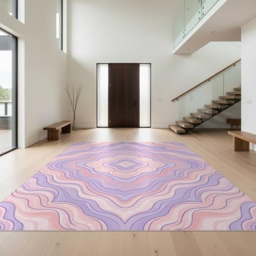Design&I 8'x10' Washable Area Rug Gradient Flowing Waves Purple Pink Abstract Symmetrical Motif Sleek Flatweave Pet Friendly Built-in Grip for King Size Bedroom, Master Suite, Under Bed