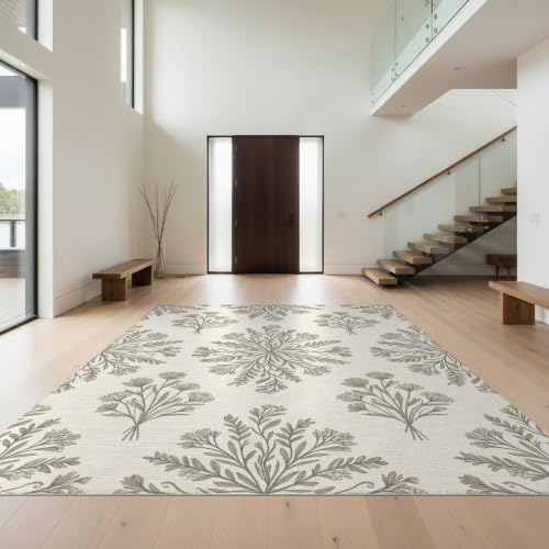 Design&I 8'x10' Washable Area Rug Neutral Floral Vine with Delicate Scattered Botanical Sprigs for King Size Bedroom, Master Suite, Under Bed, Sleek Flatweave Pet Friendly Built-in Grip