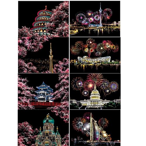 DESINIK Scratch Painting Art for Adults -Scratch Painting Foil Art for Adults, Scratchboard Set(A4) with 4 Tools & 8 Sheets,City Series Creative Gifts(Sakura)