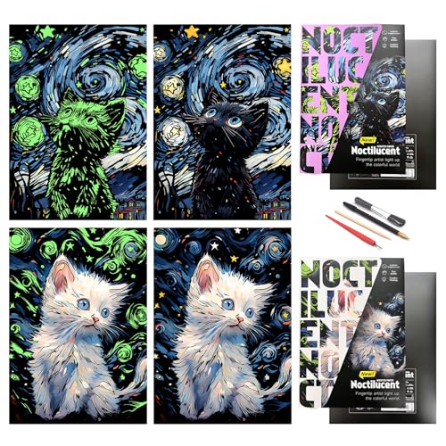 DESINIK Scratch Painting Art Paper Scratch Art for Adults,Creative DIY Art Craft Gift Scratch Rainbow Painting Luminous Paper Set with 4 Tools 16''x11''(Cat Series)