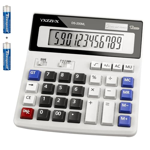 Desk Calculator 12 Digit Extra Large 4.3-Inch LCD Display, Two Way Power Battery and Solar Calculators Desktop, Big Buttons Easy to Press Used as Office Calculators for Desk White