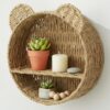 Deskium Playful Rattan Wall Shelf, Rustic Double-Layer Paper Rope Storage Basket, Wall-Mounted Floating Display Shelf, Hanging Organizer for Bedroom, Playroom, Bathroom, and Nursery Decor Accents