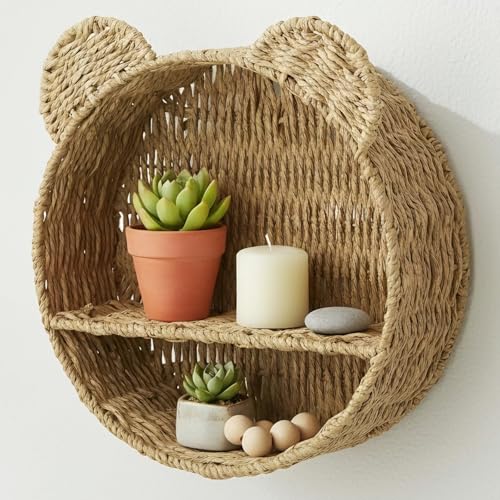 Deskium Playful Rattan Wall Shelf, Rustic Double-Layer Paper Rope Storage Basket, Wall-Mounted Floating Display Shelf, Hanging Organizer for Bedroom, Playroom, Bathroom, and Nursery Decor Accents