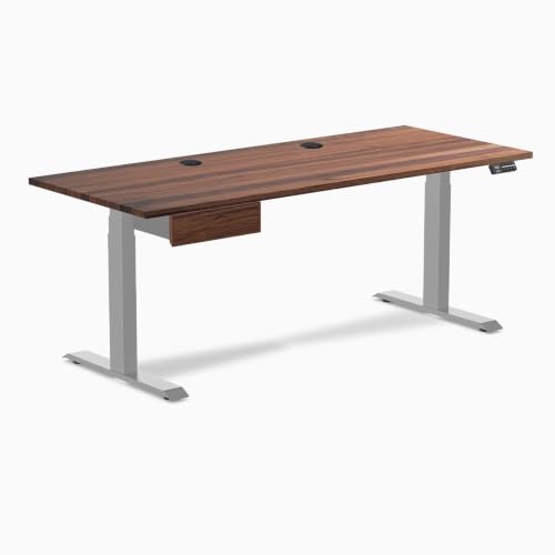 Desky Dual Hardwood Standing Desk with Drawer - 60 x 30 inches with Grommets Sit Stand Desk, Dual Motor, Adjustable Height up to 49.2", 308.6 lbs Capacity, Solid Walnut Top, Grey Steel Frame