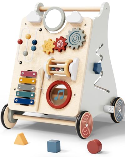 Detachable Baby Walker for Toddlers 1 Year Old Wooden Montessori Busy Board Adjustable Speed Push & Pull Walker Learning to Walk Activity Center Toy for Boys Girls 12 Months+ Baby Toys Birthday Gifts