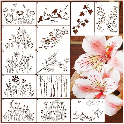 Devasya Crafts Wildflower Stencils for Painting on Wood, Vine Cherry Blossom Bird Tree Leaf Stencils for Crafts Reusable Wood Burning Drawing Art Paint and Patterns for Wall Cake Cookie (13 Spring A5