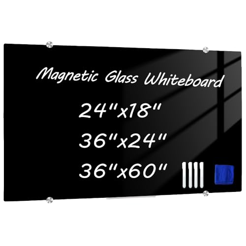 DEVELOP Magnetic Black Glass Dry Erase Board, 24 x 18 Inches (60 x 45 cm), Small Frameless Wall Mounted Writing Glass Whiteboard with 4 Markers, 2 Magnets, 1 Eraser