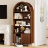 DHH 71" Tall Arched Bookshelf, 5 Tiers Arch Bookcase with Storage, Modern Farmhouse Book Shelf with Adjustable Shelves ＆Sliding Doors, Wood Display Cabinet for Living Room, Office,Walnut