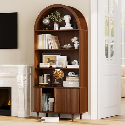 DHH 71" Tall Arched Bookshelf, 5 Tiers Arch Bookcase with Storage, Modern Farmhouse Book Shelf with Adjustable Shelves &Sliding Doors, Wood Display Cabinet for Living Room, Office,Walnut