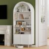 DHH 71" Tall Arched Bookshelf, 5 Tiers Arch Bookcase with Storage, Modern Farmhouse Book Shelf with Adjustable Shelves ＆Sliding Doors, Wood Display Cabinet for Living Room, Office,Grayish White
