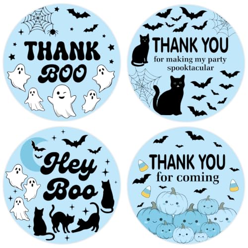 Diartpaint Blue Halloween Party Supplies Thank You Stickers 80pcs Ghost Cat Spider Bat Waterproof Labels 2in Round Seals for Birthday Baby Shower Wedding Bachelorette Party Favor Bags Decor Supplies