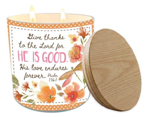 Dicksons 4 x 4.5 inch Inspirational Soy Wax Scented Jar Candle with Wood Lid - Psalm 136:1 'Give Thanks to the Lord for He is Good' Autumn Daffodil Wreath Aromatherapy Devotional Gift
