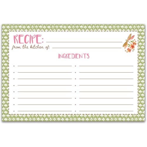 Dicksons 5.5 x 7.5 inch Olive Green Fan Mosaic Double-Sided Recipe Cards (4x6 Inch, 50-Pack) - Pink Cursive Script Lettering with Dragonfly Floral Accents, Matte Cardstock Cooking Note Cards
